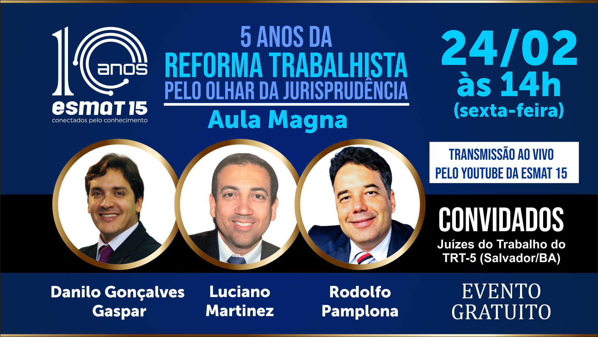 Card ilustrativo com imagem dos três juízes palestrantes do evento