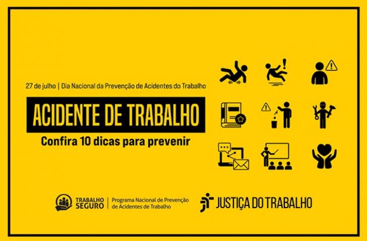 Arte gráfica com fundo amarelo traz desenhos ilustrativos das dicas sobre prevenção de acidentes de trabalho.  