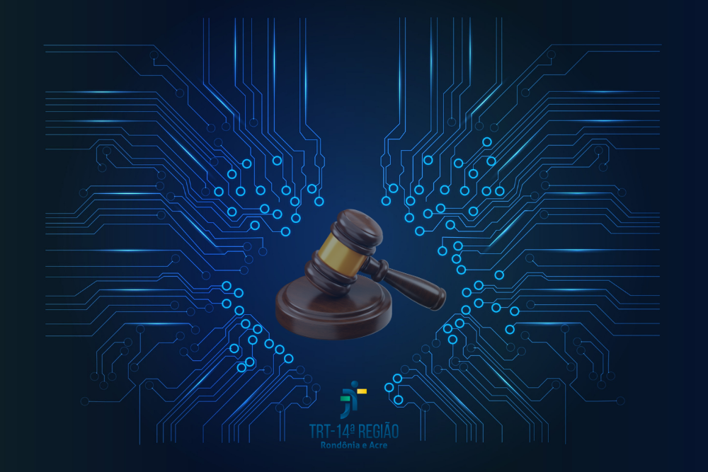 Arte com fundo azul e conecções de rede com um martelo, símbolo da Justiça ao centro.