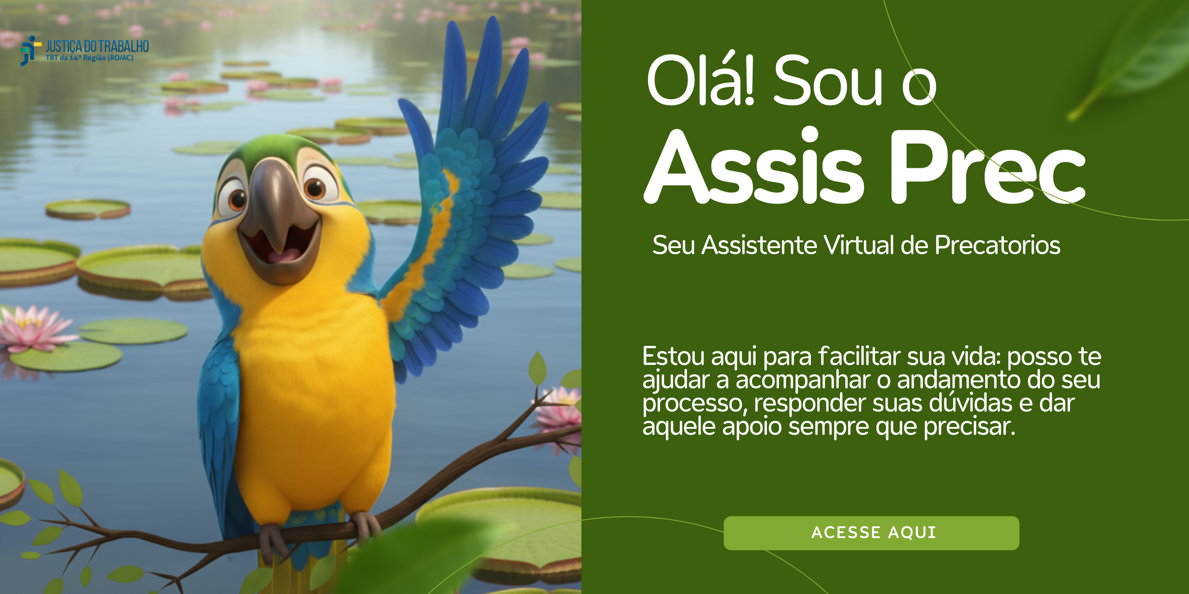 imagem de um papagaio com penas azuis nas asas e penas amarelas no corpo e ao lado o texto assis prec - seu asistente virtual de precatórios