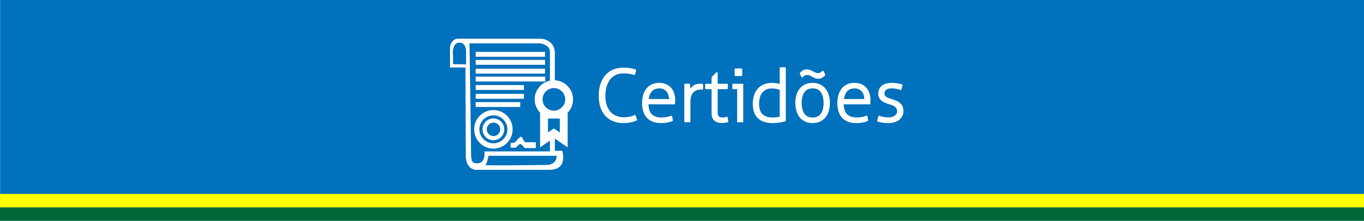 ícone de um documento com um selo de autenticação em linhas brancas em um fundo azul com uma faixa em amarelo e abaixo uma faixa verde no rodapé